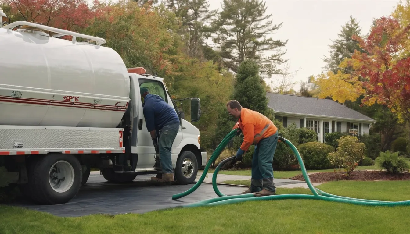 Friendly septic provider pumping a home's tank in a tidy yard near Boston